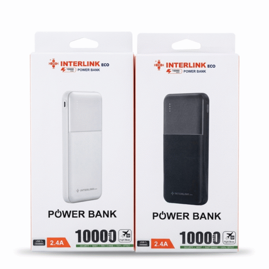 Interlink Eco 10000mAh Power Bank front packaging box showing 2.4A fast charging label