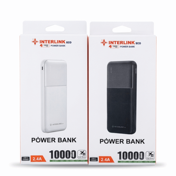 Interlink Eco 10000mAh Power Bank front packaging box showing 2.4A fast charging label