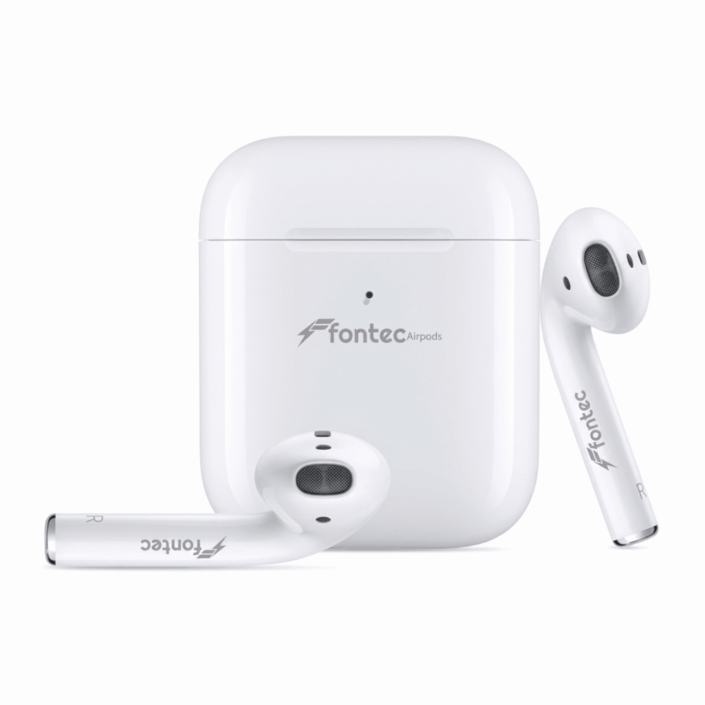 Professional product shot of white Fontec True Wireless Stereo earbuds emerging from their open smart charging case on a clean white background. High resolution, detailed.