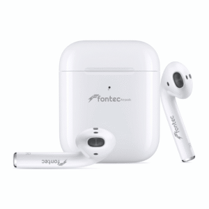 Professional product shot of white Fontec True Wireless Stereo earbuds emerging from their open smart charging case on a clean white background. High resolution, detailed.