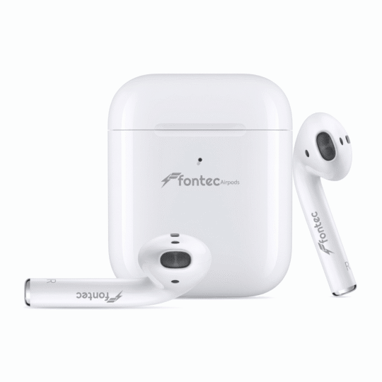 Professional product shot of white Fontec True Wireless Stereo earbuds emerging from their open smart charging case on a clean white background. High resolution, detailed.