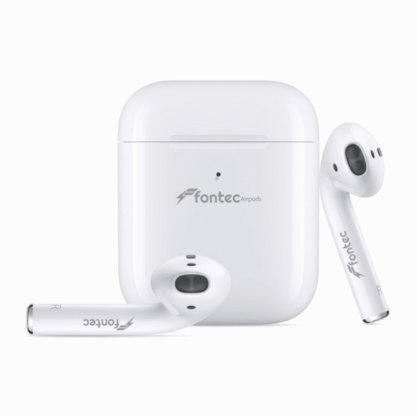 Professional product shot of white Fontec True Wireless Stereo earbuds emerging from their open smart charging case on a clean white background. High resolution, detailed.