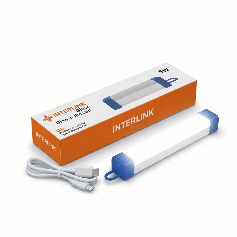 Interlink 5W rechargeable LED light bar on transparent PNG background showing Type-C charging port, magnetic back, and hanging hook